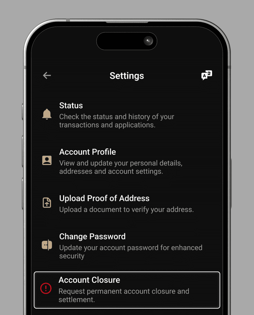 Step 2: Account Closure in Settings