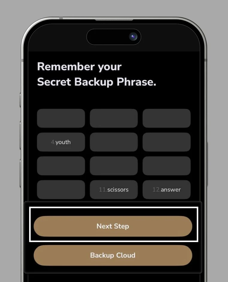 Mnemonic phrase screen