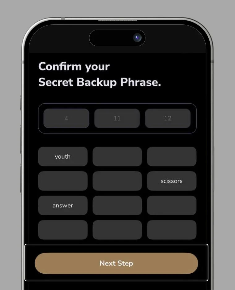 Mnemonic confirmation screen
