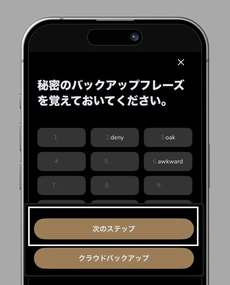 Mnemonic phrase screen